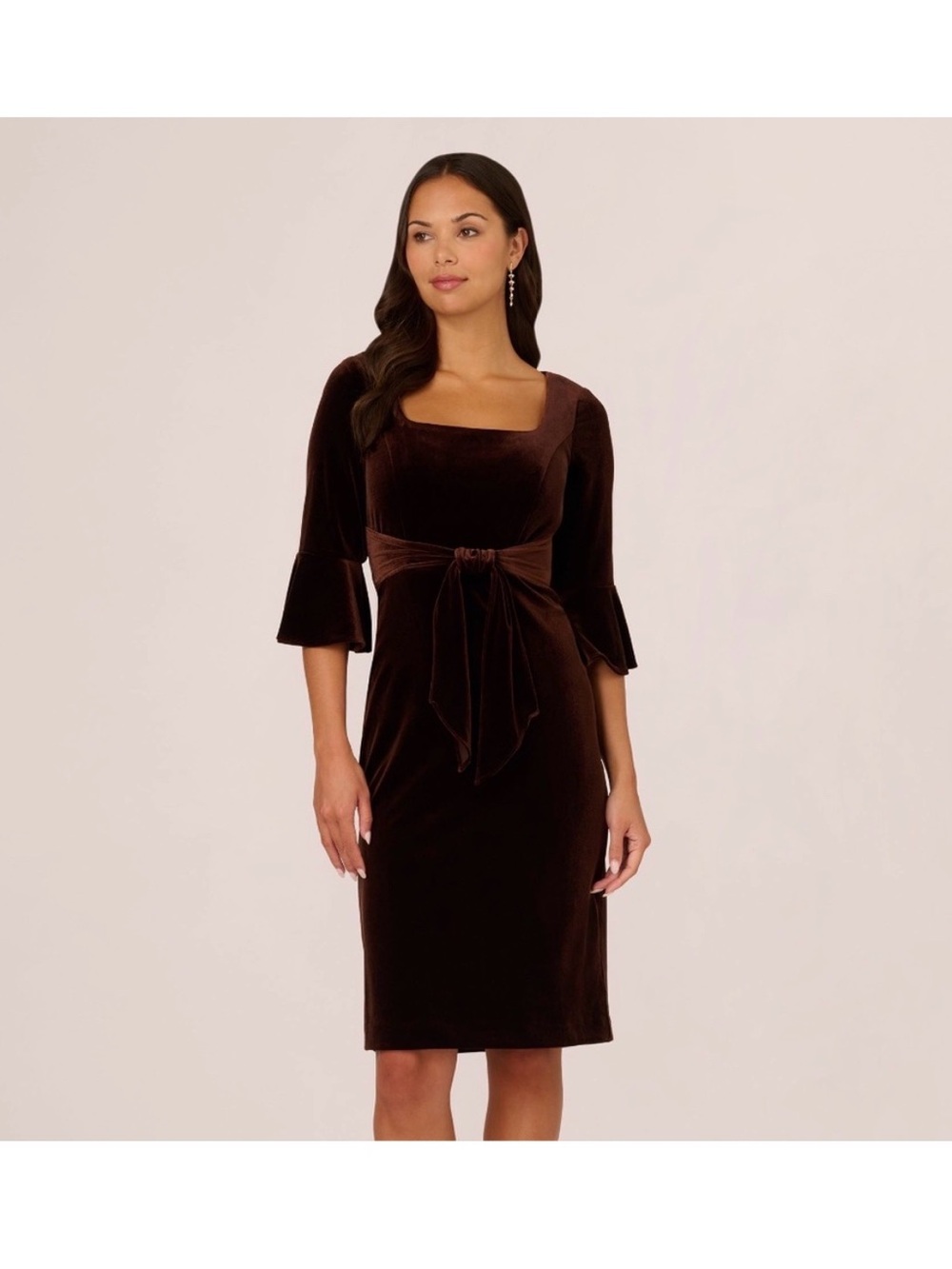 Adrianna Papell Brown Velvet Tie Waist Cocktail Midi Dress Size 4 NWT GALA MOB
